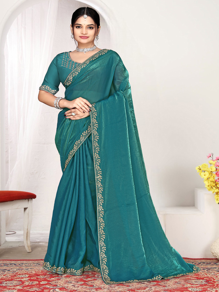 Firozi Fendi satin silk Zircon Stone Embroidery Festival Wedding Fancy Classic Heavy Border Saree