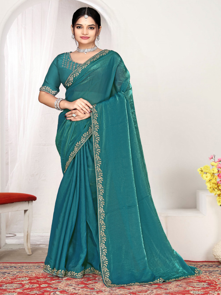 Image of Firozi Fendi satin silk Zircon Stone Embroidery Festival Wedding Fancy Classic Heavy Border Saree