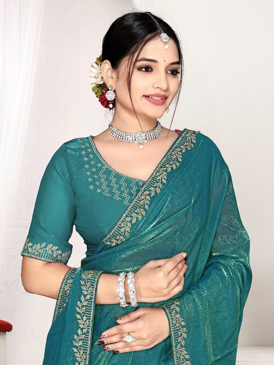 Firozi Fendi satin silk Zircon Stone Embroidery Festival Wedding Fancy Classic Heavy Border Saree