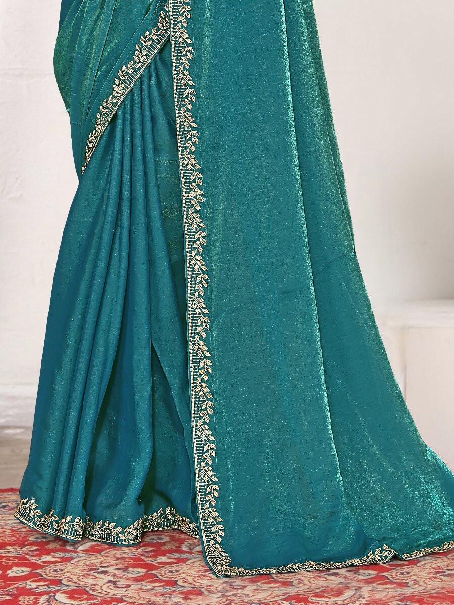 Firozi Fendi satin silk Zircon Stone Embroidery Festival Wedding Fancy Classic Heavy Border Saree