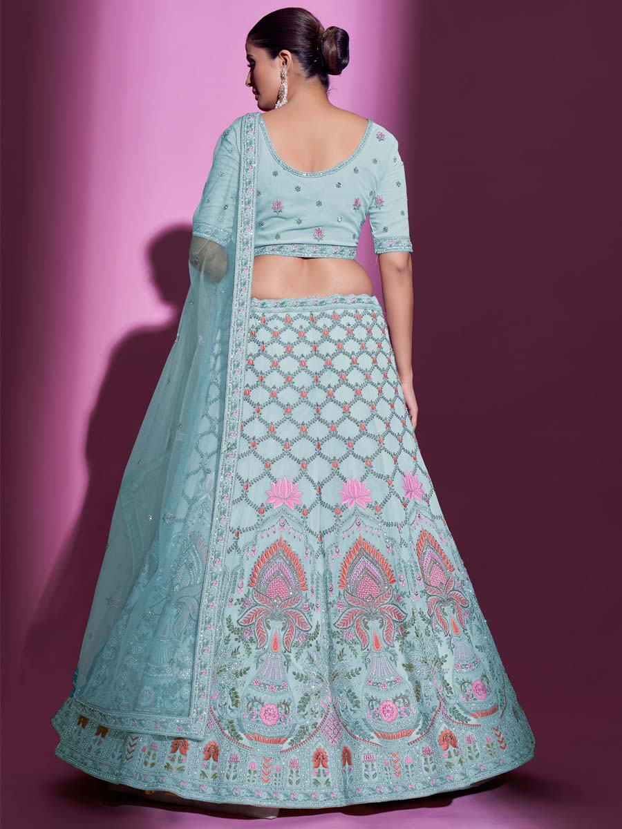 Firozi Georgette Embroidered Bridal Wedding Heavy Border Lehenga Choli