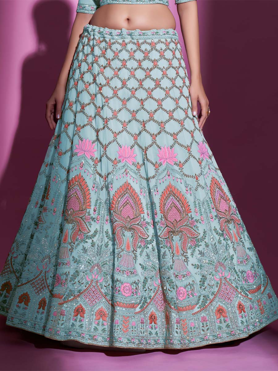 Firozi Georgette Embroidered Bridal Wedding Heavy Border Lehenga Choli