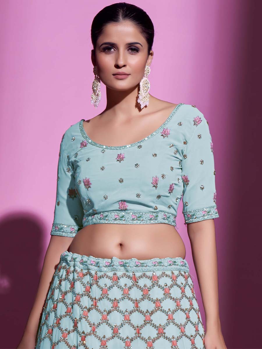 Firozi Georgette Embroidered Bridal Wedding Heavy Border Lehenga Choli