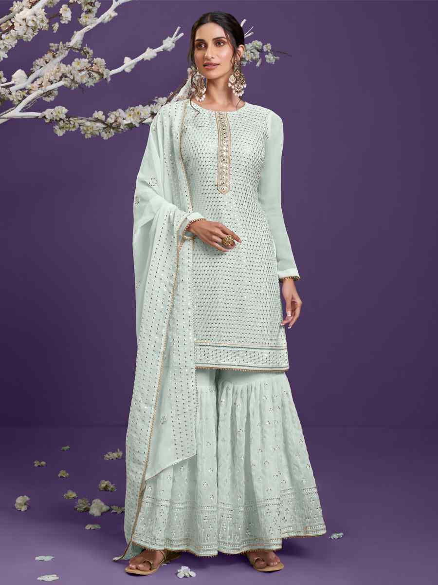Firozi Georgette Embroidered Festival Wedding Sharara Pant Salwar Kameez