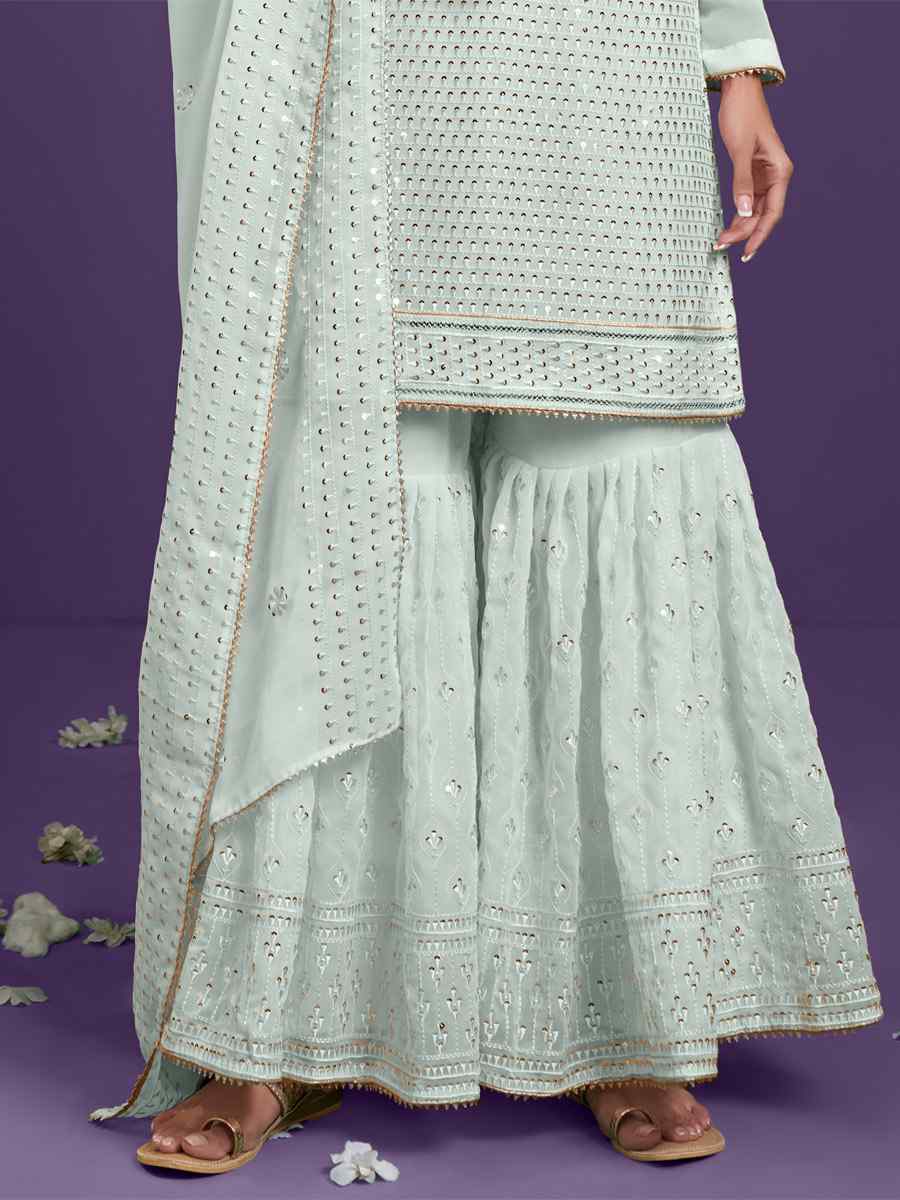 Firozi Georgette Embroidered Festival Wedding Sharara Pant Salwar Kameez