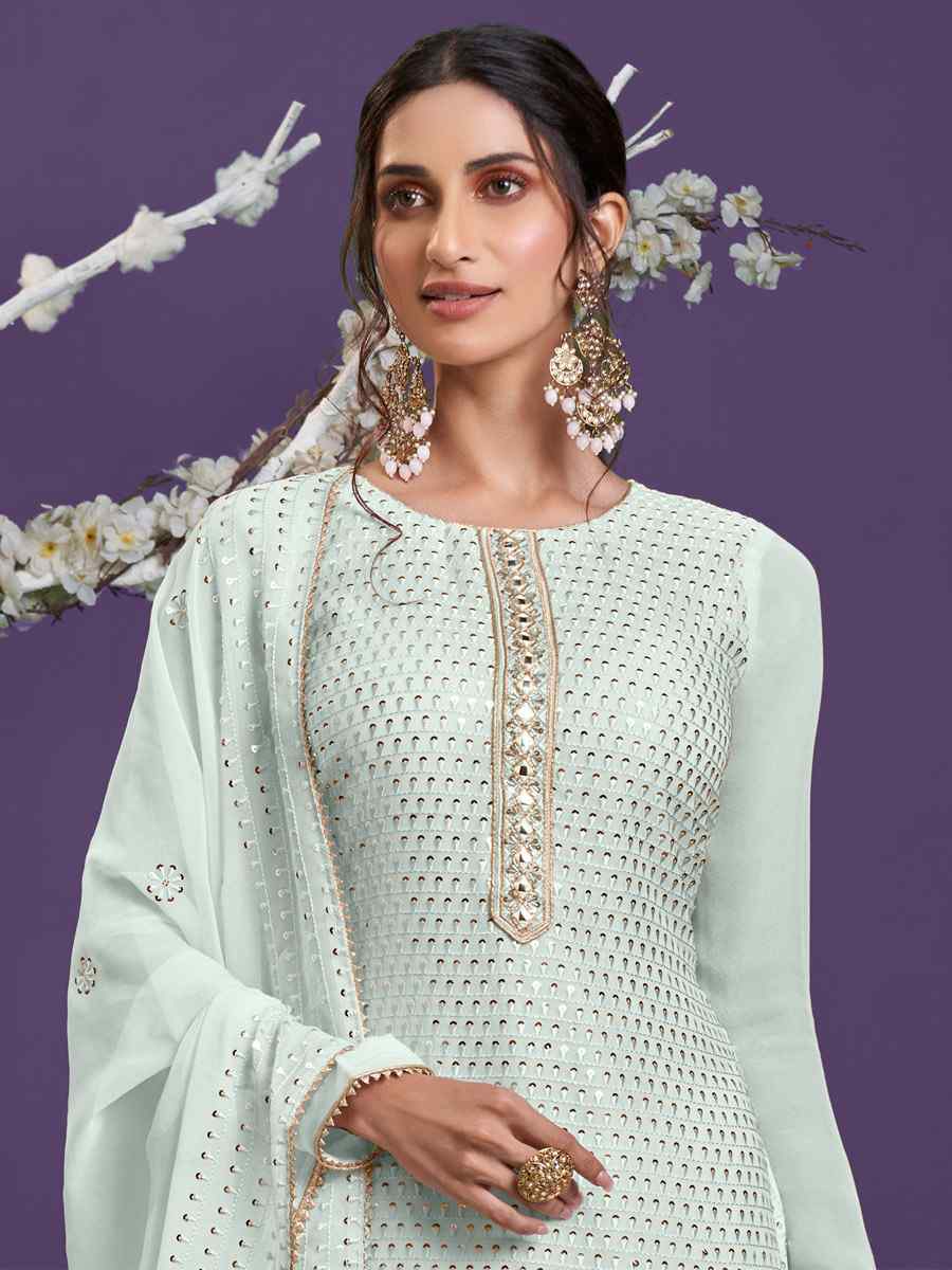 Firozi Georgette Embroidered Festival Wedding Sharara Pant Salwar Kameez