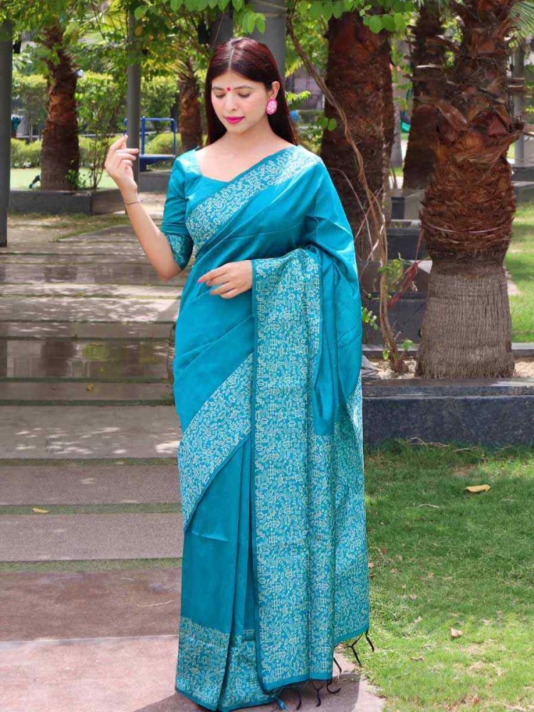 Firozi Handloom Raw Silk Handwoven Wedding Festival Heavy Border Saree