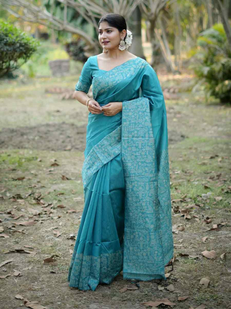 Image of Firozi Handloom Raw Silk Printed Festival Wedding Fancy Heavy Border Saree