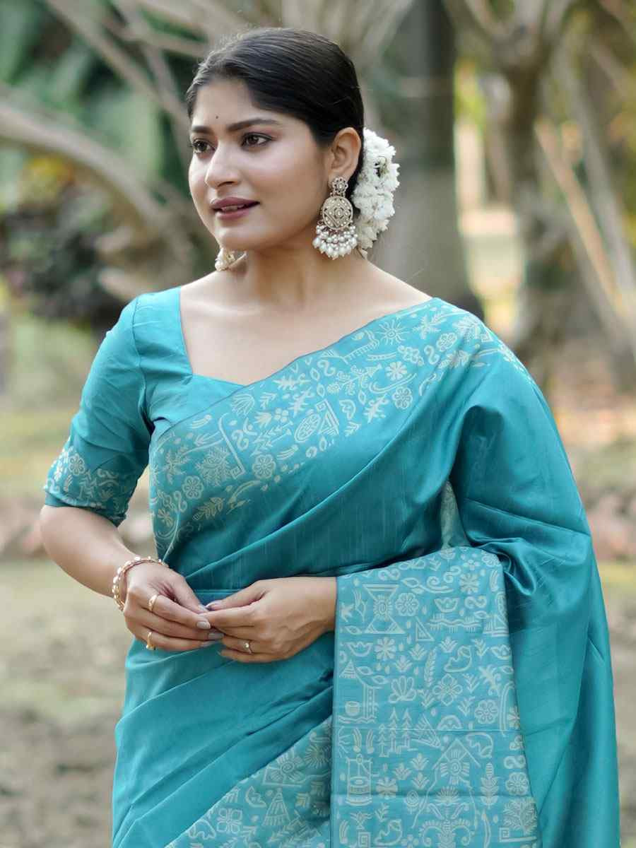 Firozi Handloom Raw Silk Printed Festival Wedding Fancy Heavy Border Saree