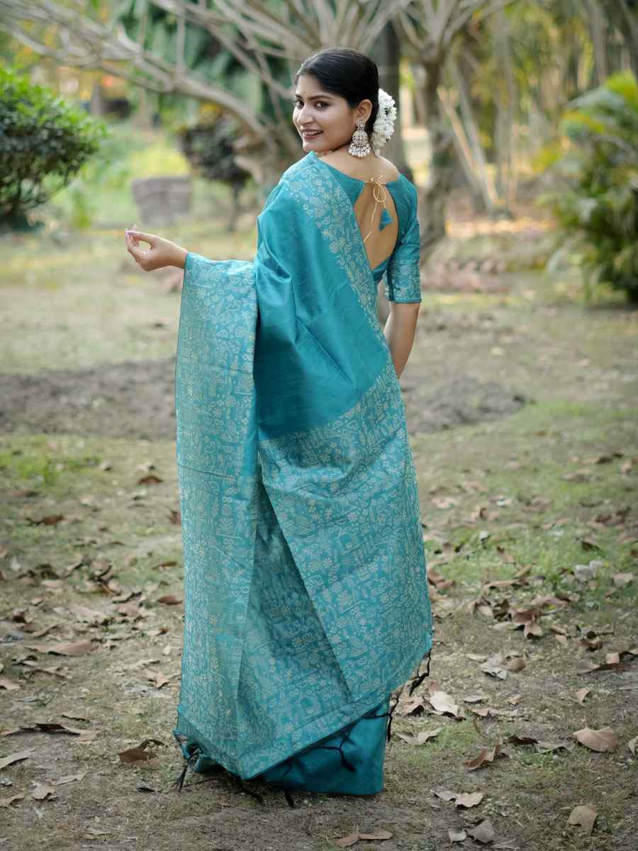 Firozi Handloom Raw Silk Printed Festival Wedding Fancy Heavy Border Saree