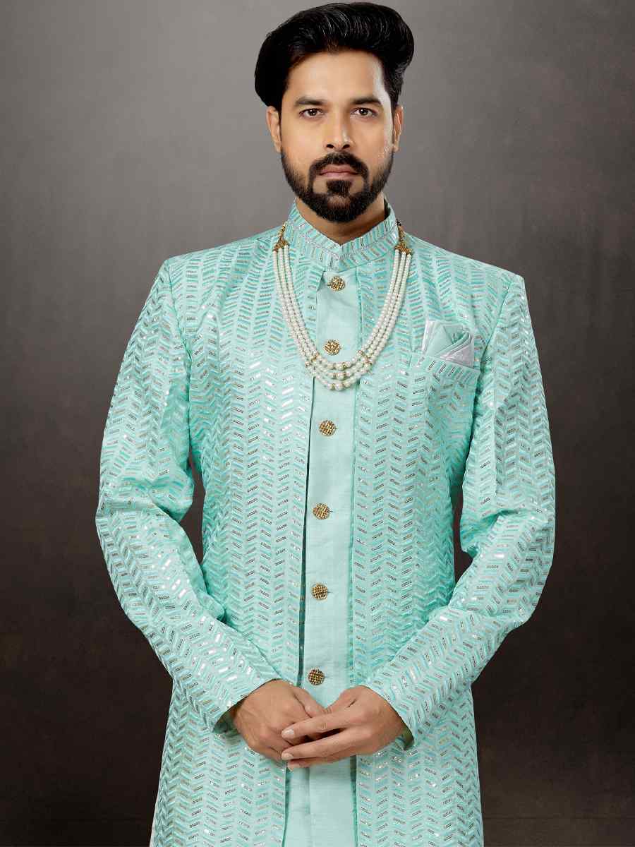 Firozi Jacquard Embroidered Festival Wedding Sherwani