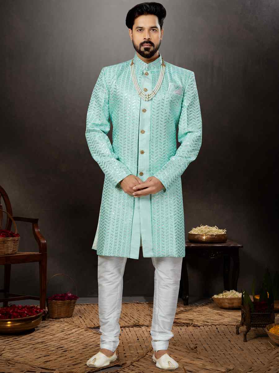 Firozi Jacquard Embroidered Festival Wedding Sherwani