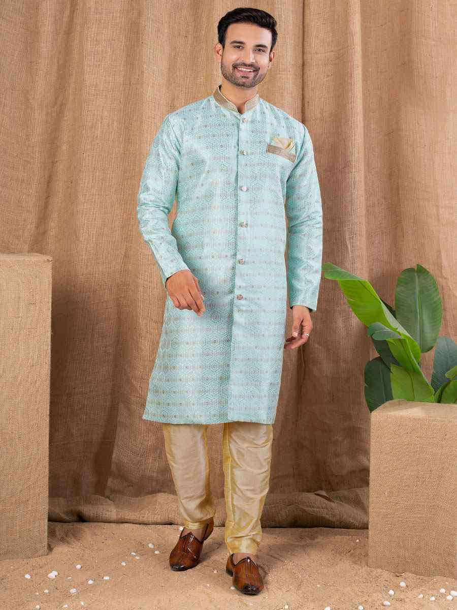 Firozi Jacquard Embroidery Festival Wedding Party Mens Kurta