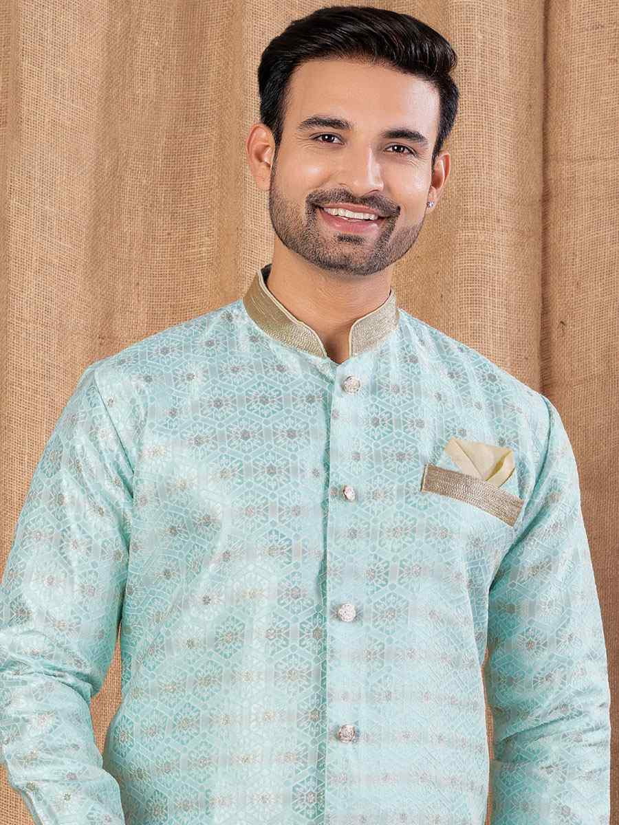 Firozi Jacquard Embroidery Festival Wedding Party Mens Kurta