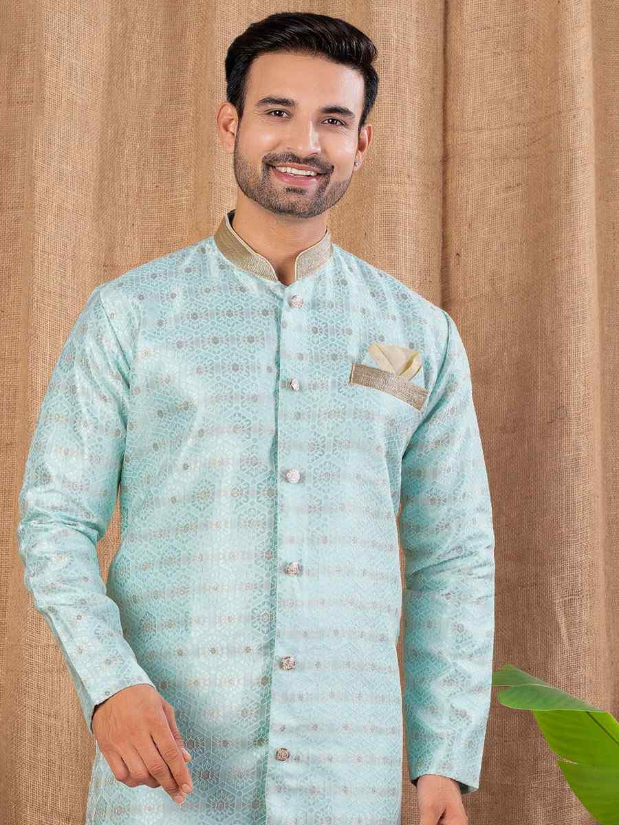 Firozi Jacquard Embroidery Festival Wedding Party Mens Kurta