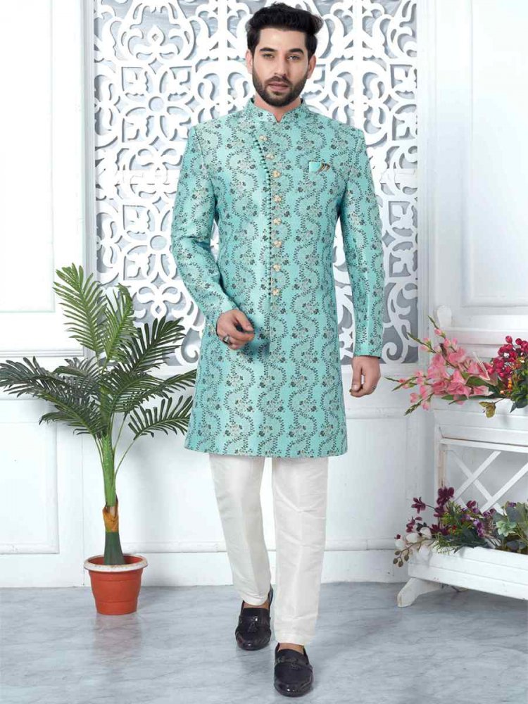 Firozi Jacquard Silk Embroidered Groom Wedding Sherwani