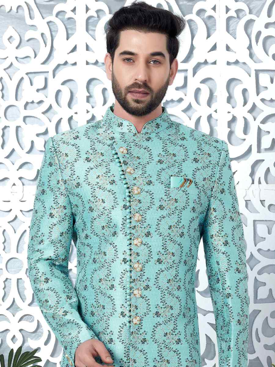 Firozi Jacquard Silk Embroidered Groom Wedding Sherwani