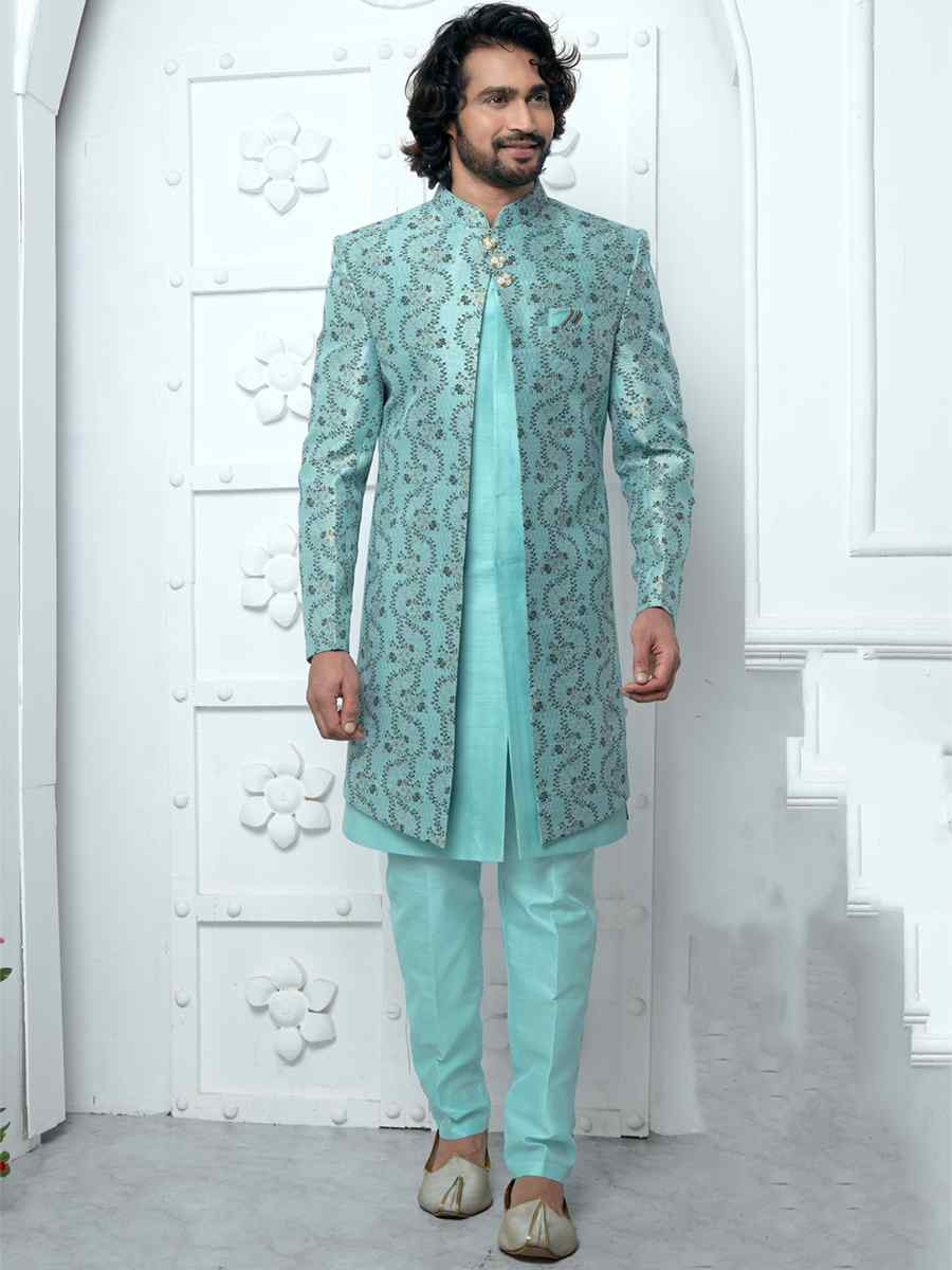 Firozi Jacquard Silk Embroidered Groom Wedding Sherwani
