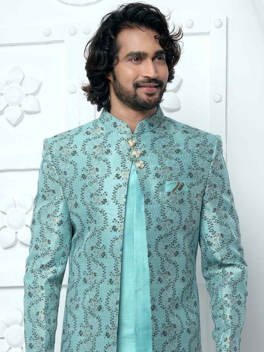 Firozi Jacquard Silk Embroidered Groom Wedding Sherwani