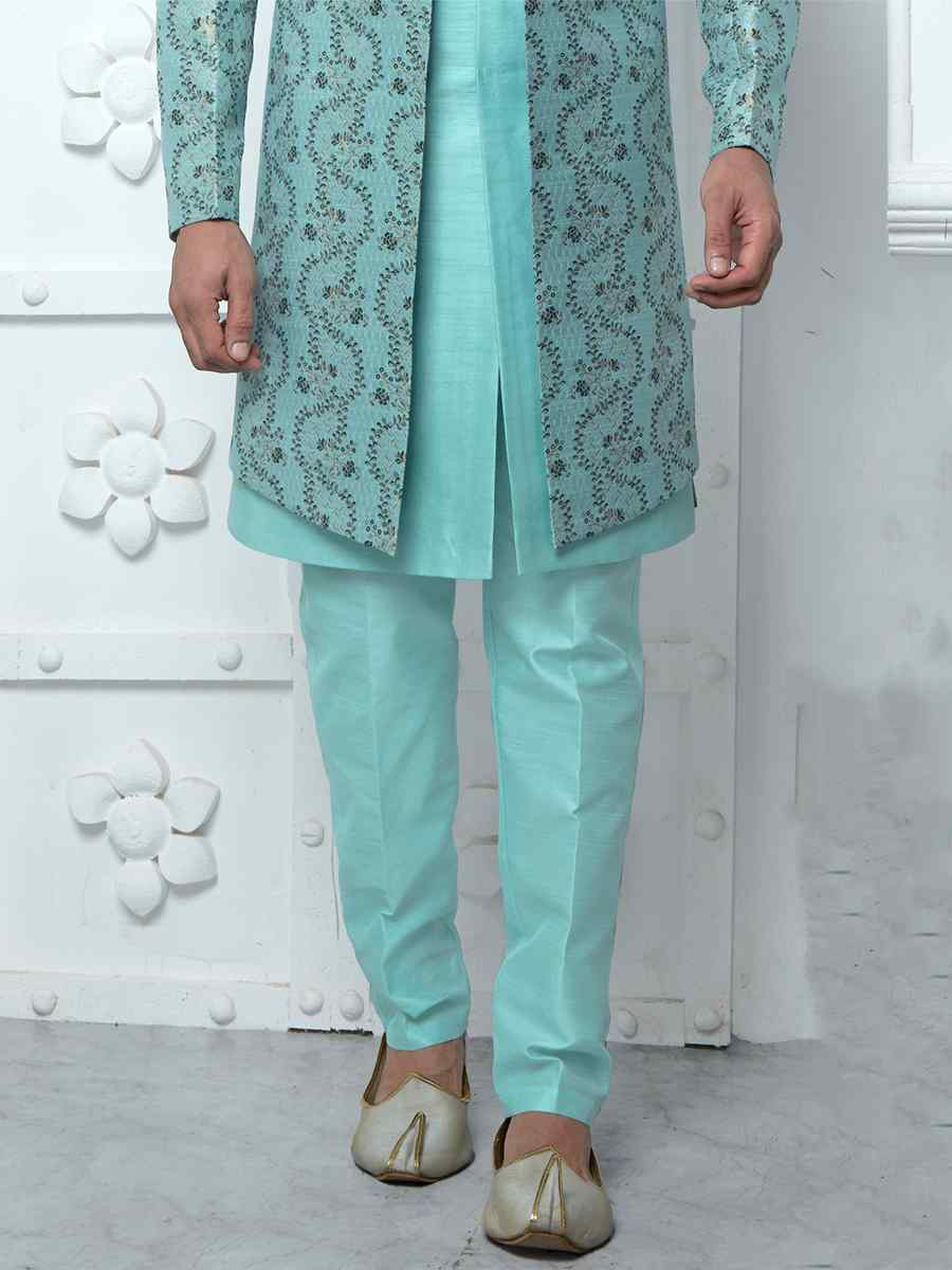 Firozi Jacquard Silk Embroidered Groom Wedding Sherwani