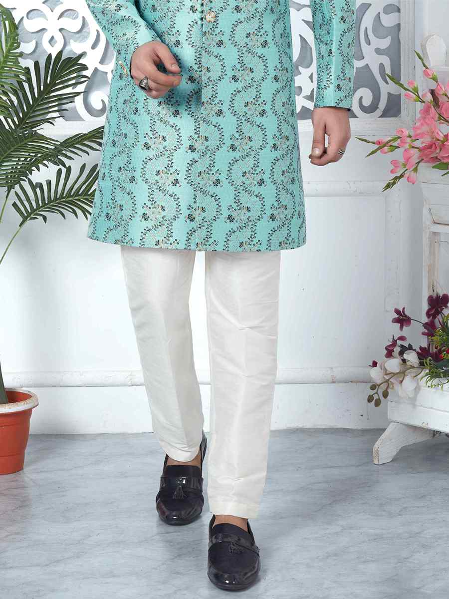 Firozi Jacquard Silk Embroidered Groom Wedding Sherwani