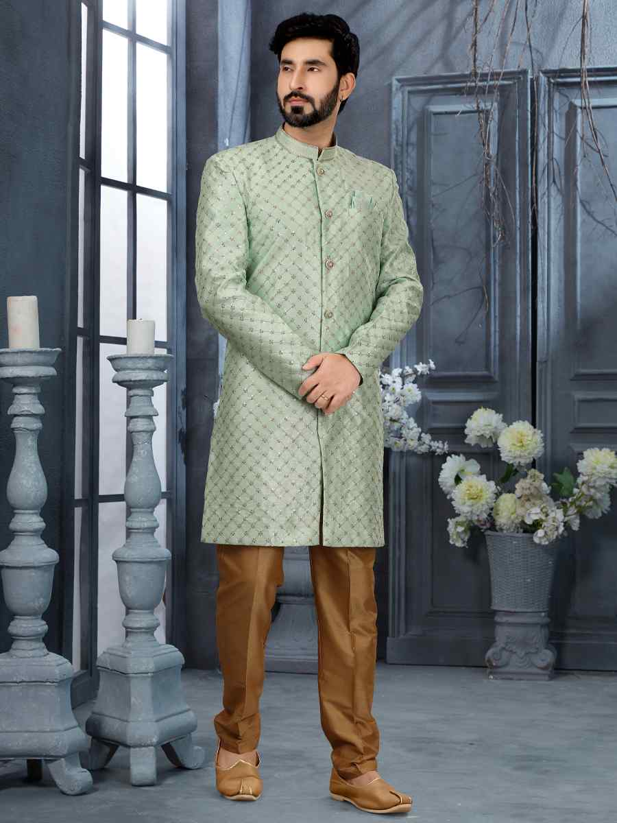 Firozi Jacquard Woven Festival Wedding Sherwani