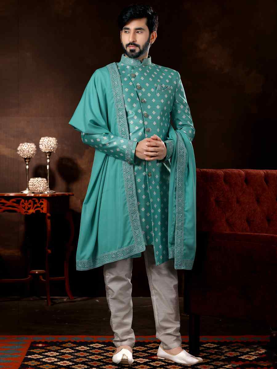 Firozi Jacquard Woven Wedding Party Sherwani
