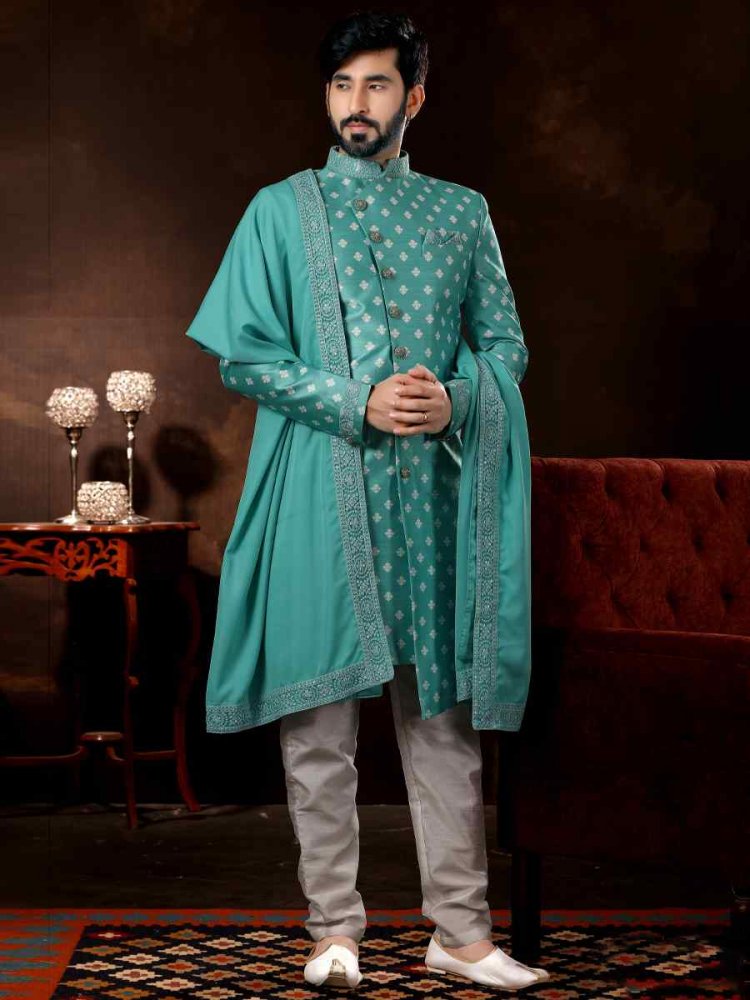 Firozi Jacquard Woven Wedding Party Sherwani
