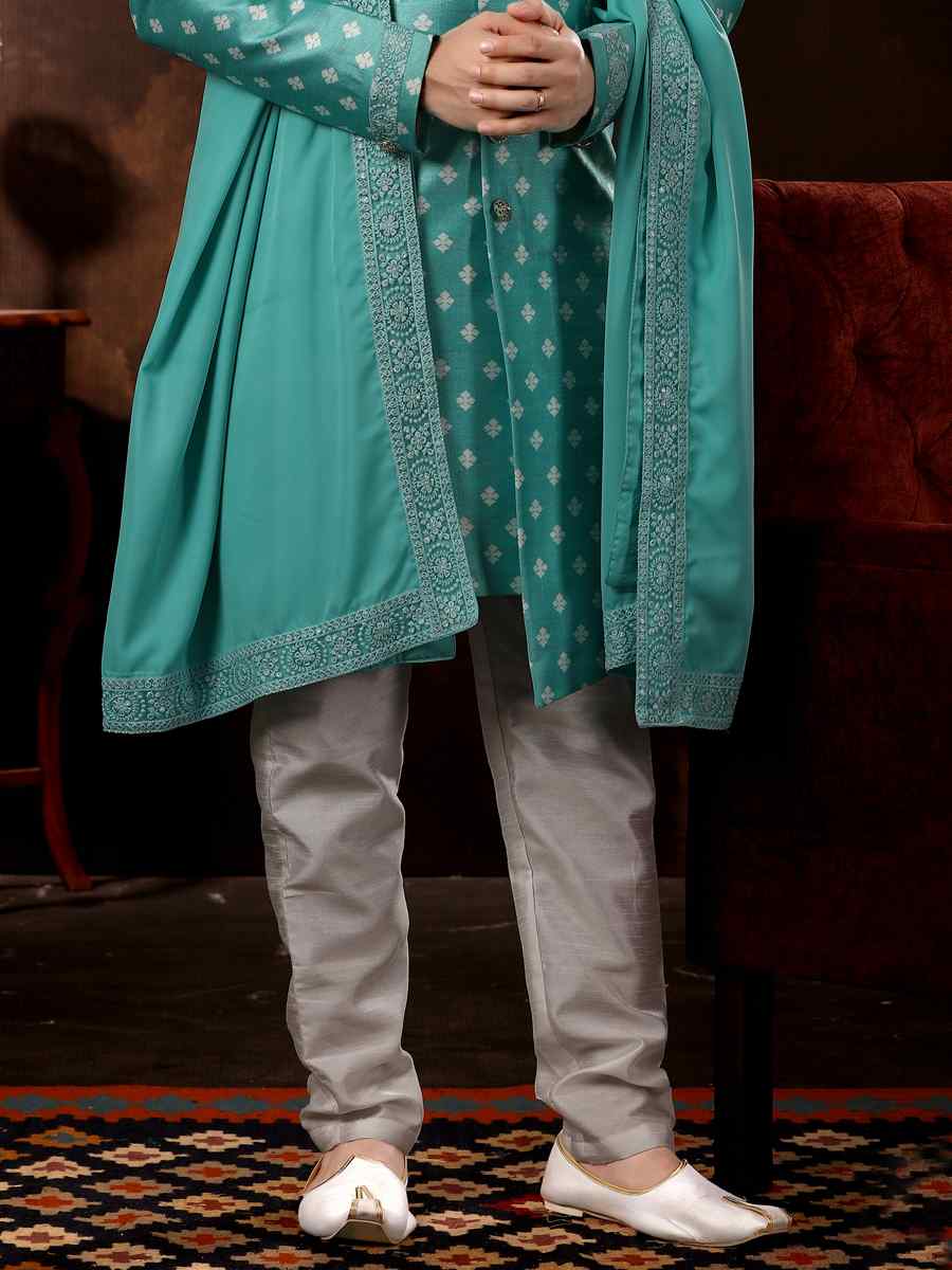 Firozi Jacquard Woven Wedding Party Sherwani