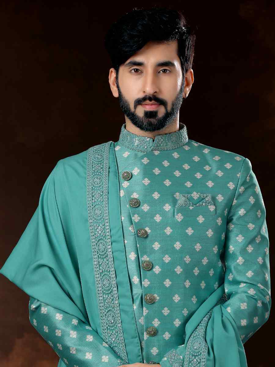 Firozi Jacquard Woven Wedding Party Sherwani