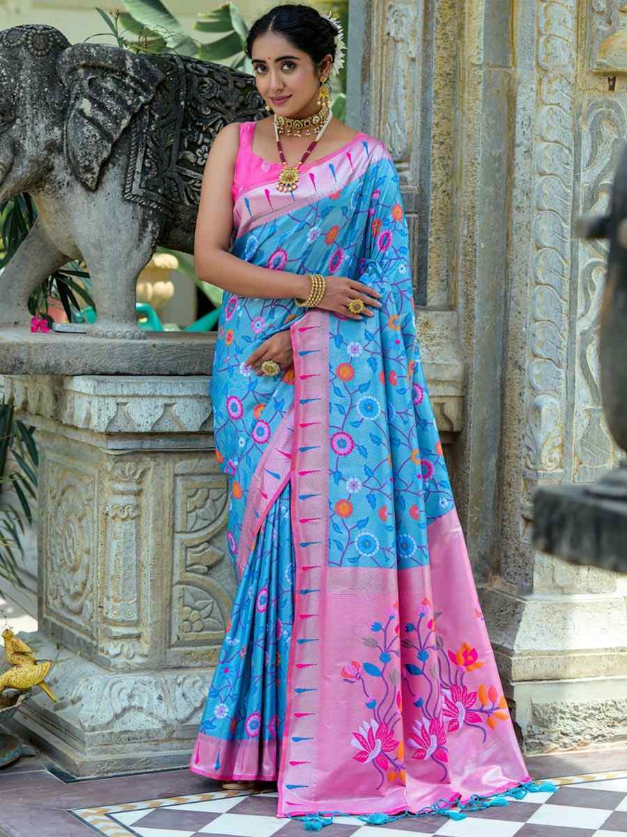 Firozi Kanjivaram Silk Handwoven Wedding Festival Heavy Border Saree