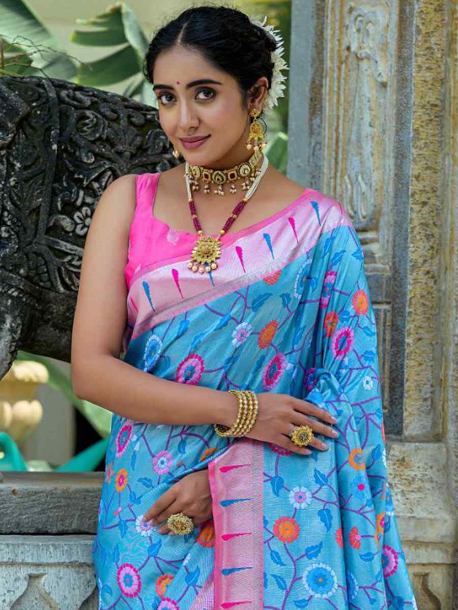 Firozi Kanjivaram Silk Handwoven Wedding Festival Heavy Border Saree