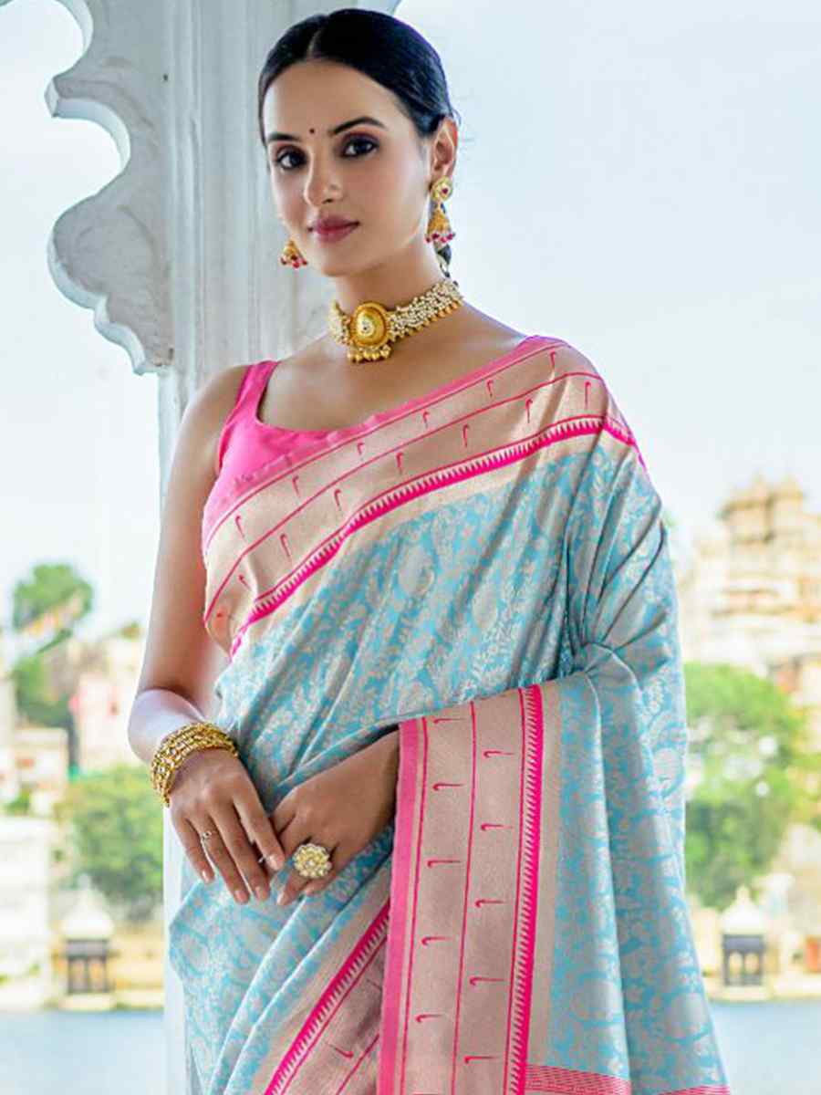 Firozi Kanjivaram Silk Handwoven Wedding Festival Heavy Border Saree