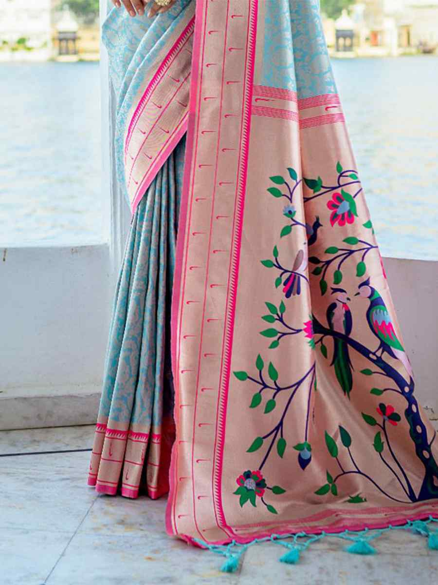 Firozi Kanjivaram Silk Handwoven Wedding Festival Heavy Border Saree