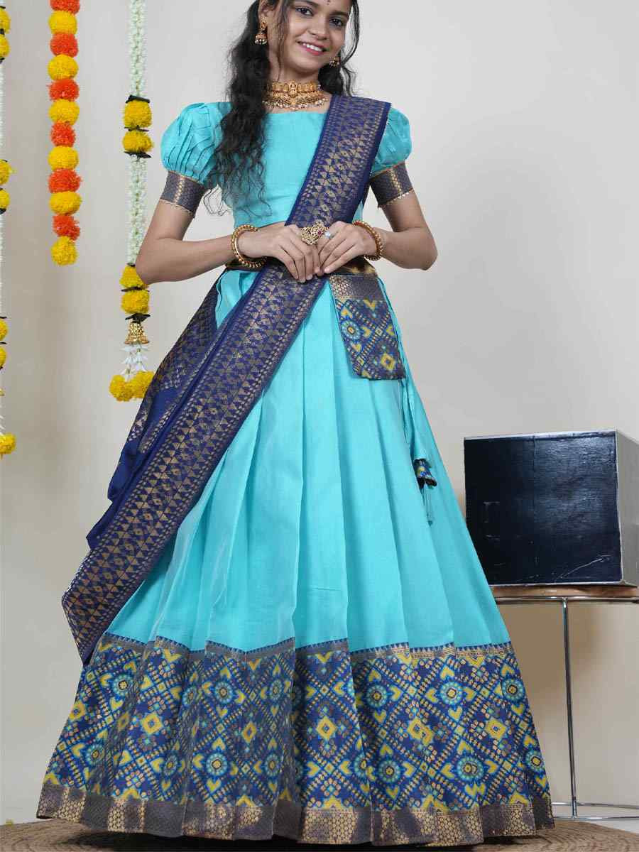 Firozi Litchi Silk Printed And Handwoven Party Reception Wedding Lehenga Choli