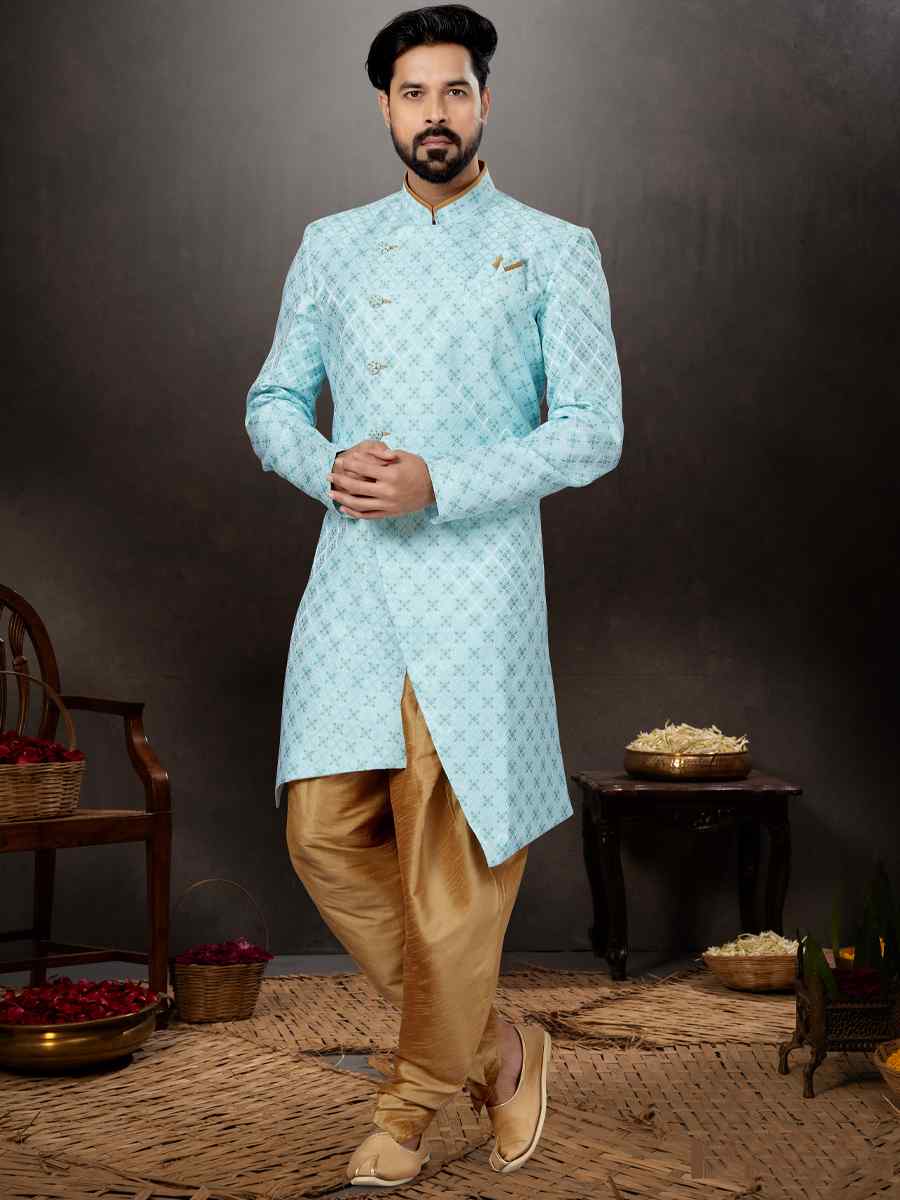 Firozi Mercury Jacquard Embroidered Festival Wedding Sherwani