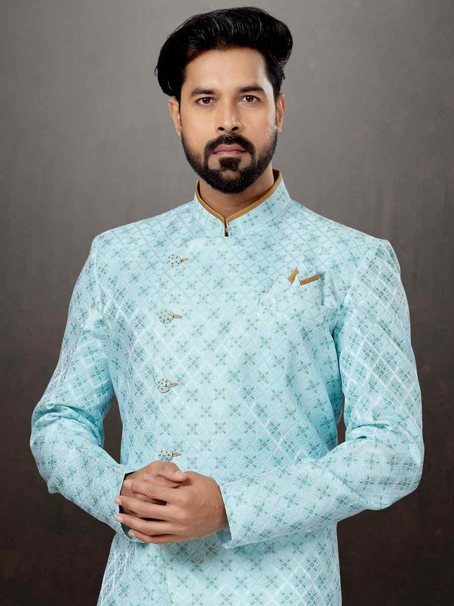 Firozi Mercury Jacquard Embroidered Festival Wedding Sherwani