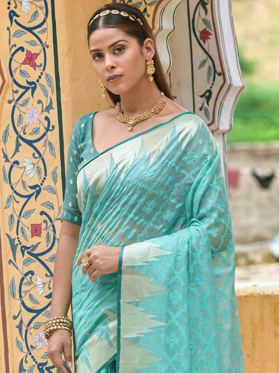 Firozi Organza Silk Handwoven Party Festival Heavy Border Saree