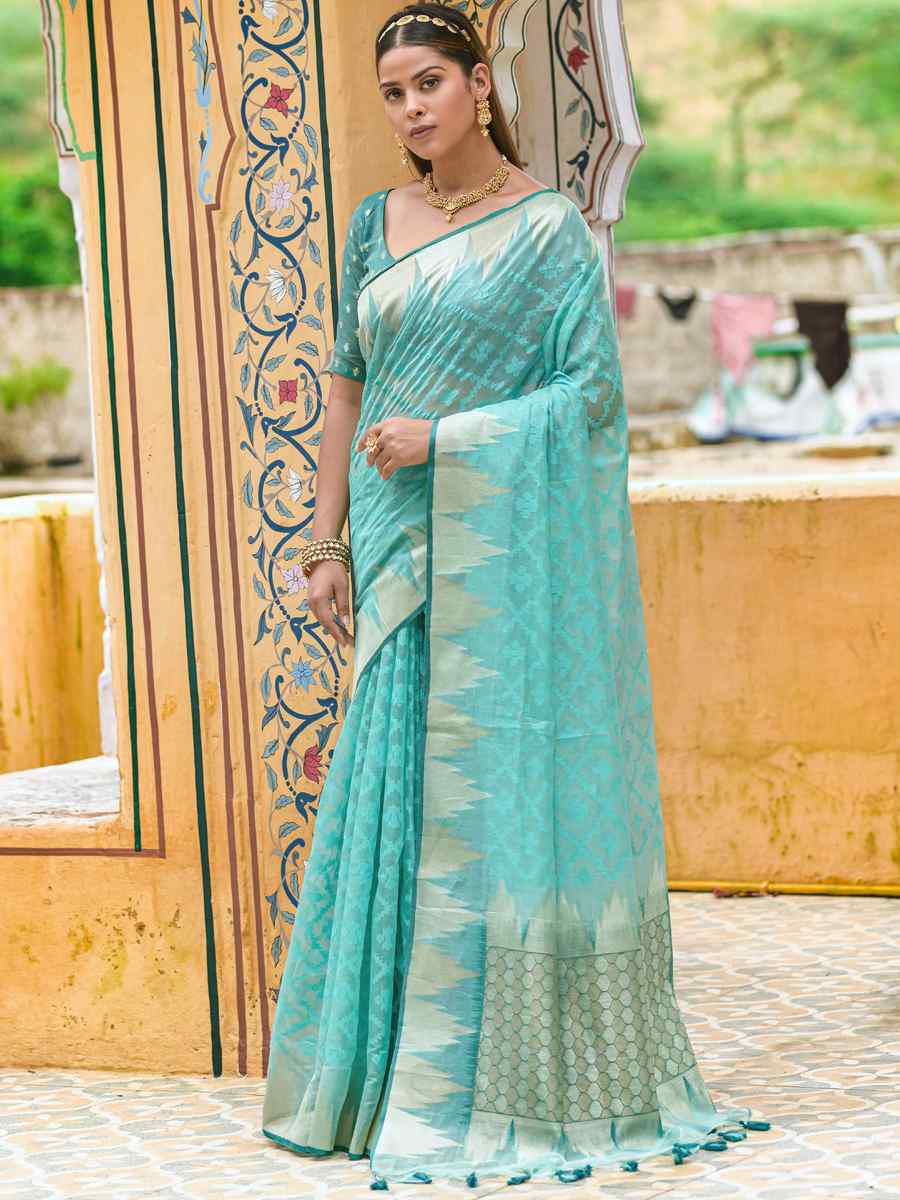 Firozi Organza Silk Handwoven Party Festival Heavy Border Saree