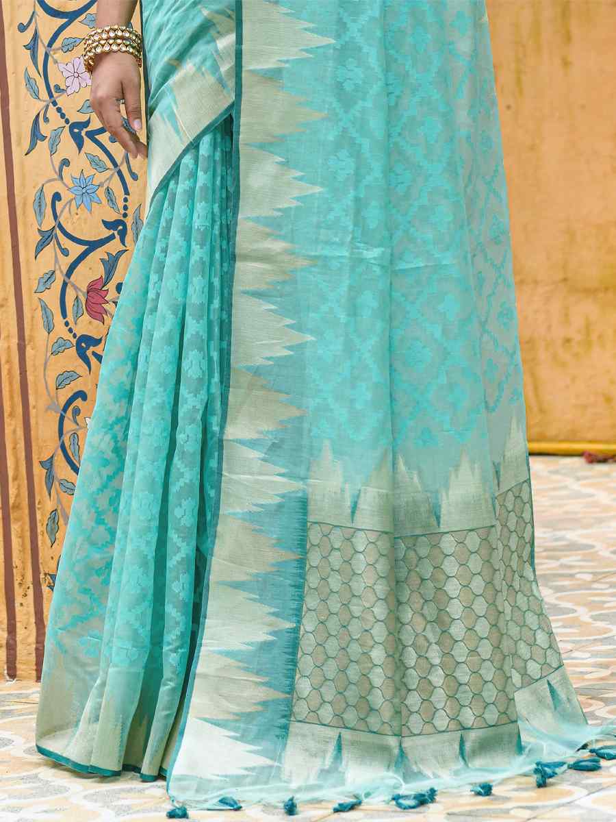 Firozi Organza Silk Handwoven Party Festival Heavy Border Saree