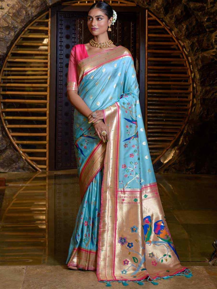 Firozi Paithani Silk Handwoven Wedding Festival Heavy Border Saree