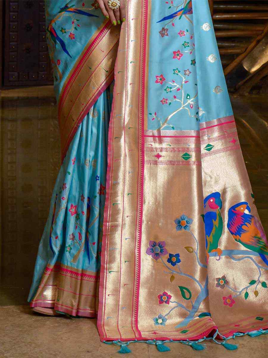 Firozi Paithani Silk Handwoven Wedding Festival Heavy Border Saree