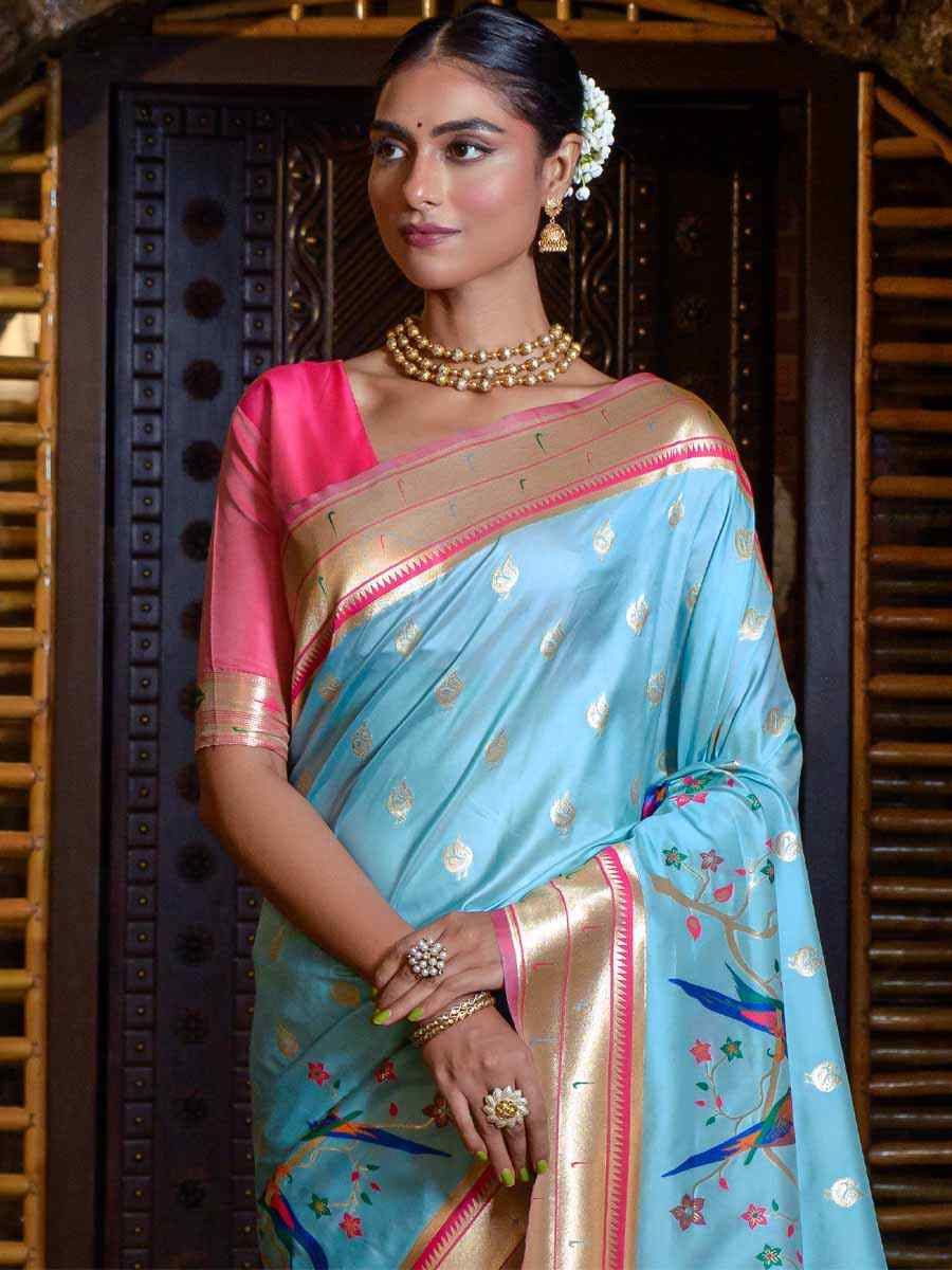 Firozi Paithani Silk Handwoven Wedding Festival Heavy Border Saree