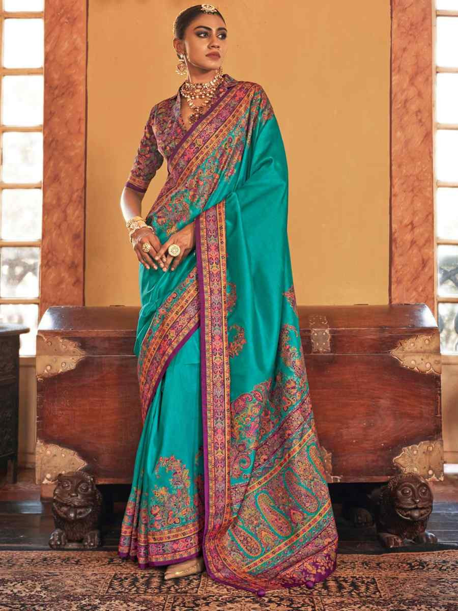 Firozi Printed Festival Wedding Fancy Heavy Border Saree
