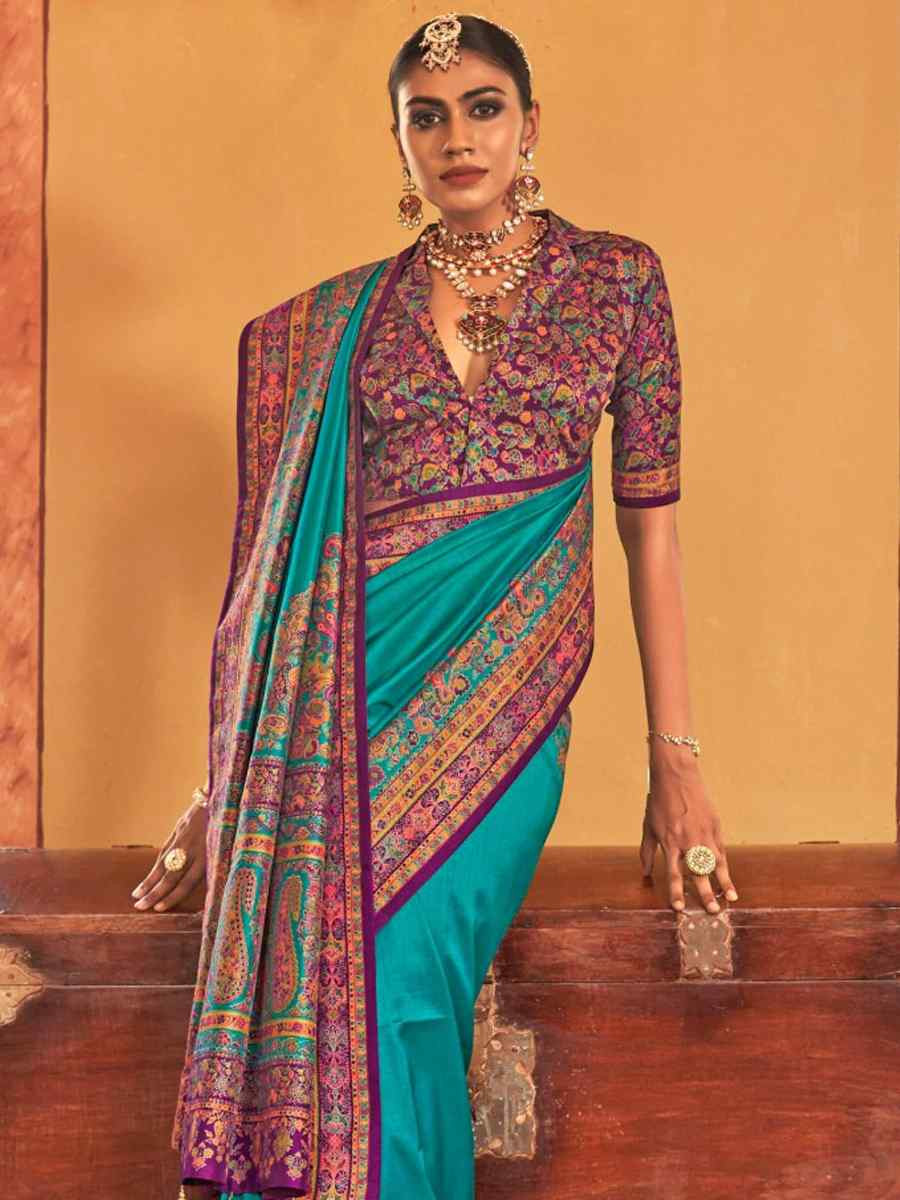 Firozi Printed Festival Wedding Fancy Heavy Border Saree