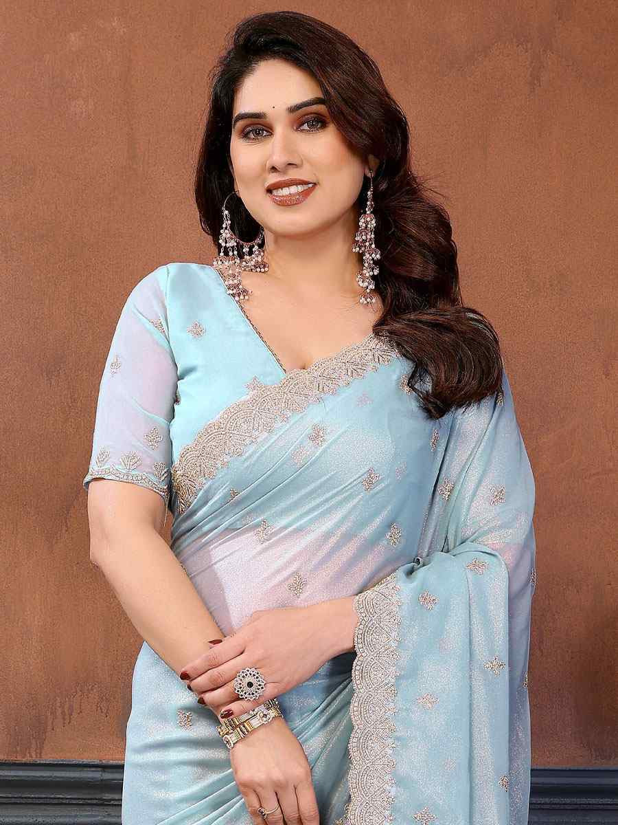 Firozi Pure Georgette Embroidery Festival Wedding Fancy Heavy Border Saree