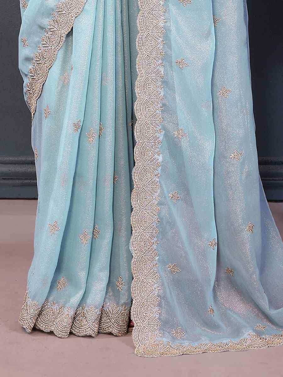 Firozi Pure Georgette Embroidery Festival Wedding Fancy Heavy Border Saree