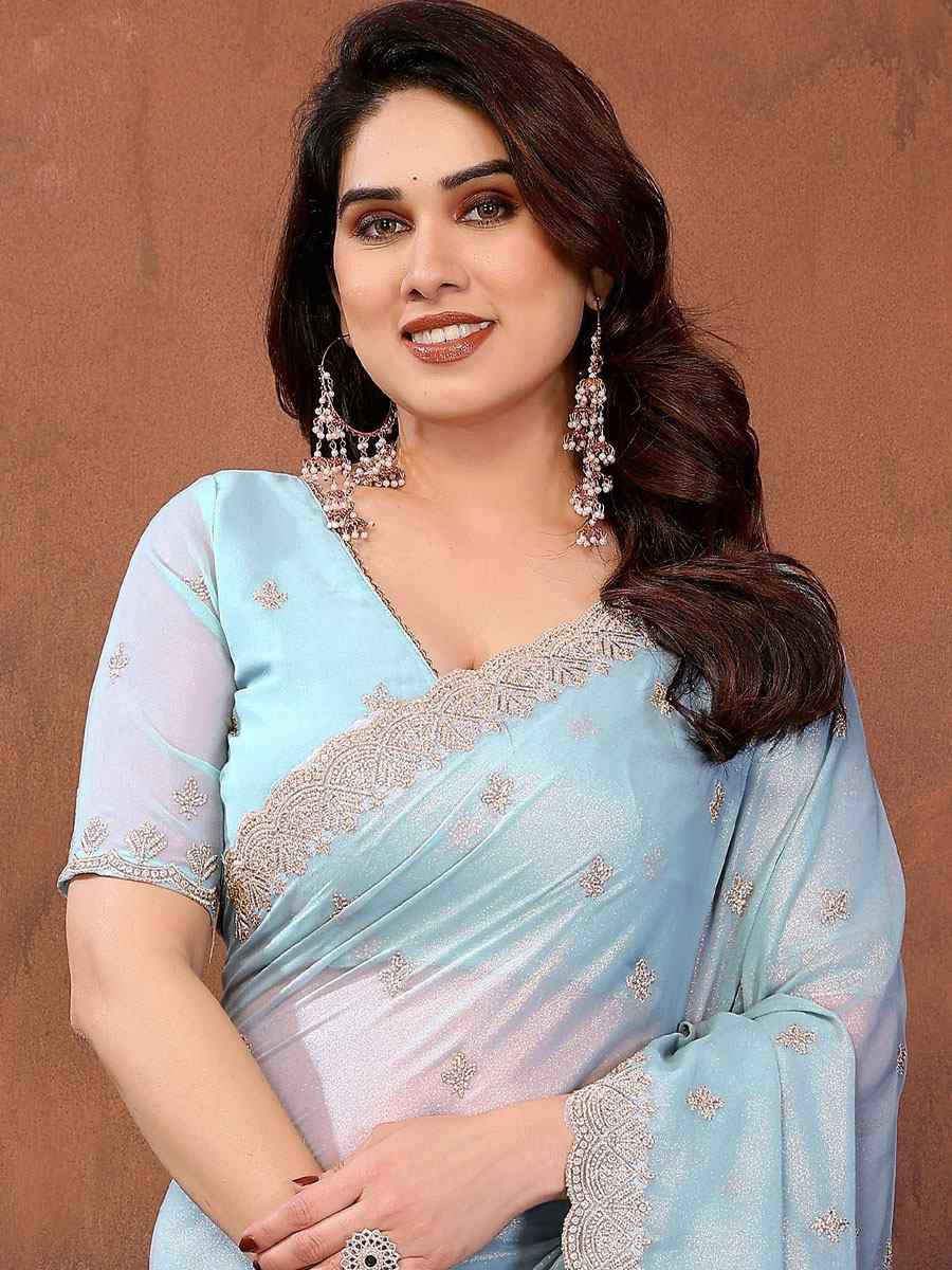 Firozi Pure Georgette Embroidery Festival Wedding Fancy Heavy Border Saree