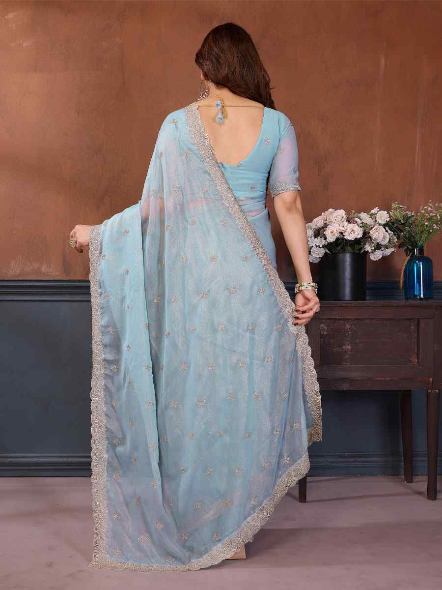 Firozi Pure Georgette Embroidery Festival Wedding Fancy Heavy Border Saree