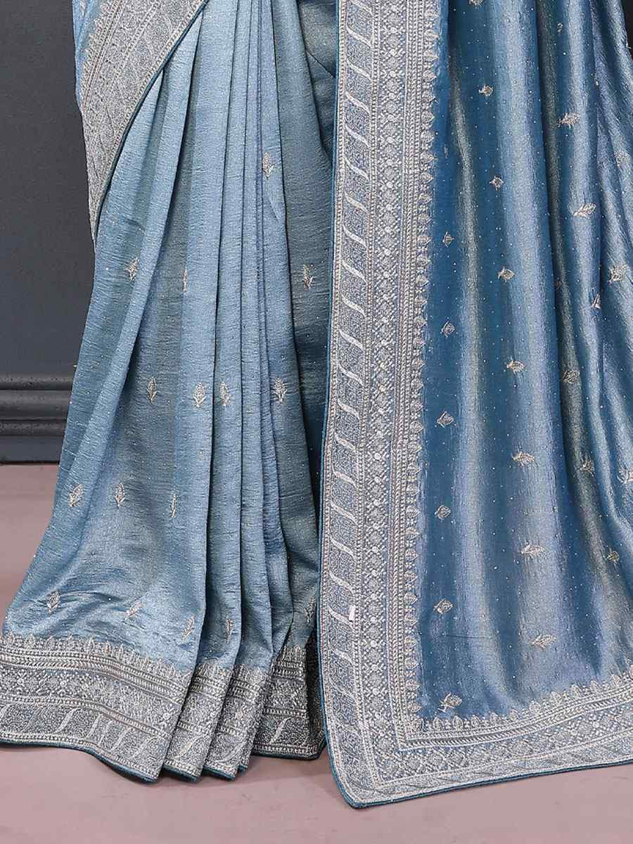 Firozi Pure Vichitra Silk Embroidery Festival Wedding Fancy Heavy Border Saree